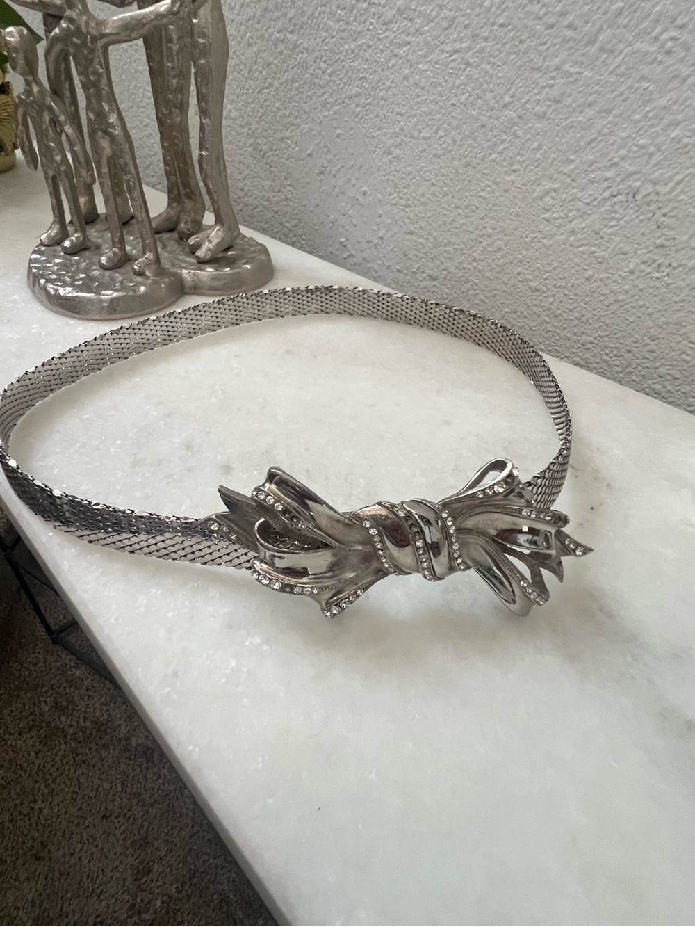 Vintage Whiting Davis silver Mesh Chain Belt Rhinestone Bow Statement Belt